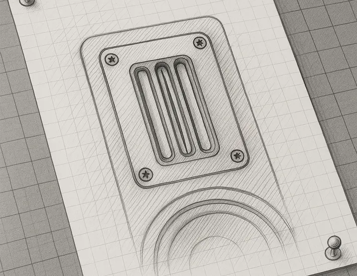 A detailed sketch of a mechanical panel featuring a slotted ventilation grid and circular recess, with grid-paper background.